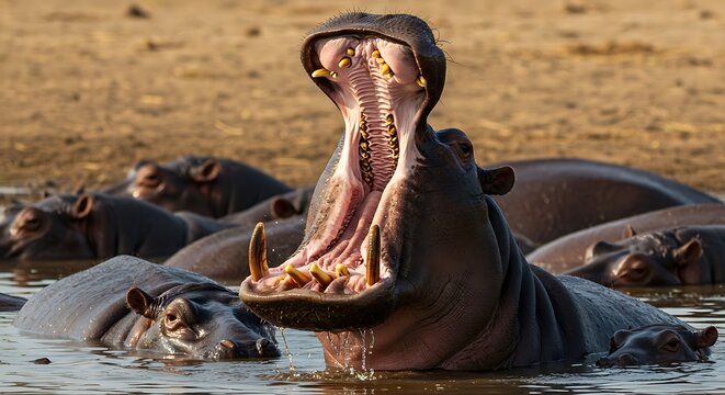 Gros plan d'un hippopotame baillant dans l'eau avec un groupe d'hippopotames en arri&egrave;re-plan. Photo de stock pour la faune, la nature, les animaux africains et les mammif&egrave;res.