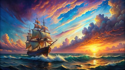 Obraz premium A surreal sunset paints the sky as a fantasy sailing ship voyages across dreamlike seas.