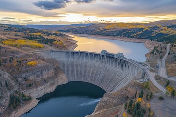 Aerial View of a Majestic Dam Surrounded by Autumn Foliage and Serene Waters at Sunset in a Picturesque Landscape
