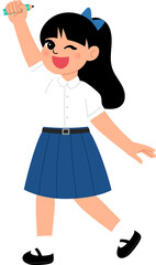smiling girl wearing Thai high school uniform holding pencil up illustration