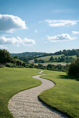 Naklejka premium Serene Winding Path Through Lush Green Landscape