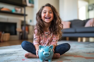 A happy girl sitting cross-legged on the floor, excitedly saving her allowance in a shiny ceramic piggy bank.