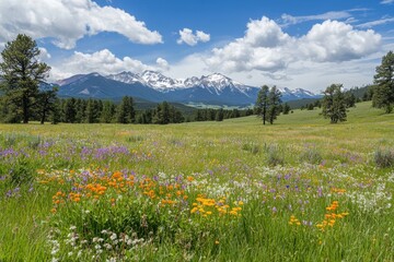 Fototapeta premium A wide-angle shot of a meadow filled with wildflowers, bordered by evergreen trees and snow-capped mountains in the distance.