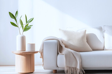 Modern monochromatic living room with natural light and a single plant, minimalist aesthetic