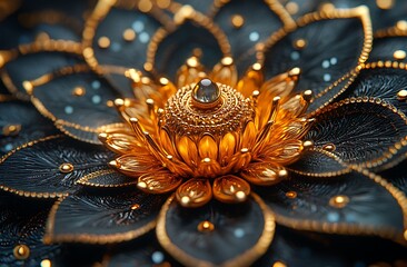 An ornate golden flower brooch with pearls on a dark beaded background

