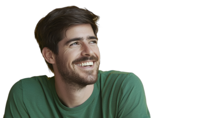 a young man in a green shirt is smiling for a portrait against a transparent background, PNG image, PNG file, Generative art.