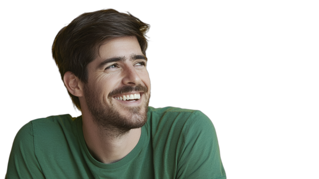 a young man in a green shirt is smiling for a portrait against a transparent background, PNG image, PNG file, Generative art.