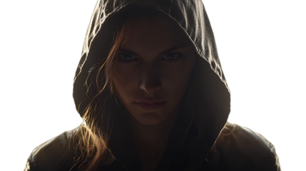 portrait of a young woman in a hood with a white light on her face PNG image, PNG file, Generative art.