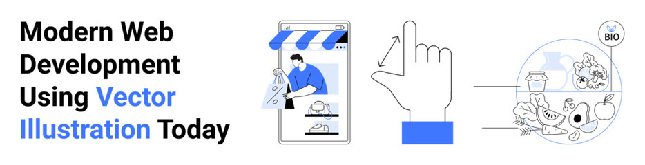 Mobile storefront with online shopping actions, hand interacting with UI elements, and bio-based products. Ideal for e-commerce, web technology, UX design, app development, sustainability, digital
