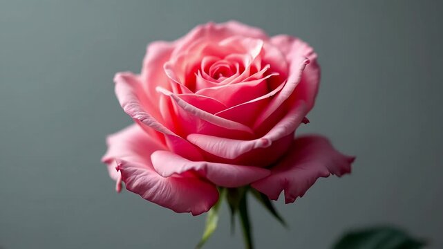 Close-up of a single, delicate pink rose against a gray backdrop. Its beauty and elegance are captivating.