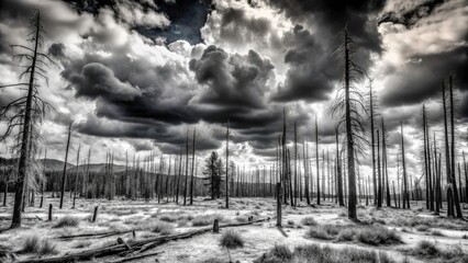 Fototapeta premium Black and white panorama captures nature's last breath; a forest's silent demise.
