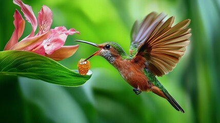 Fototapeta premium Hummingbird feeding on flower, rainforest, vibrant background, nature photography