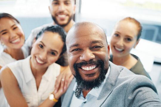 Selfie, happy and group of friends, man and celebration for collaboration, bonding and social media. Creative, photography and profile picture for people, teamwork and success in company and joy