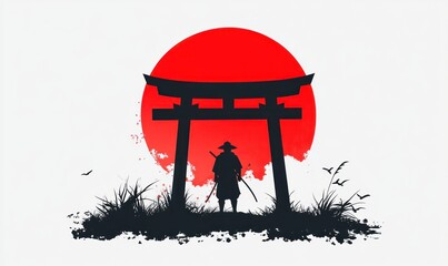 Silhouette of samurai in front of the torii gate with red sun behind