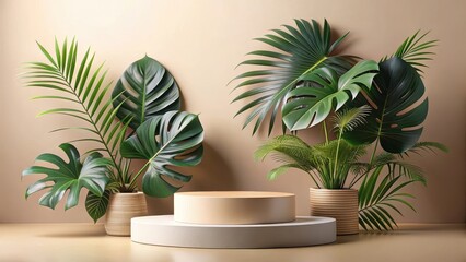 Obraz premium Exotic tropical leaf arranged on a beige product presentation stand with natural elements, beige, styling