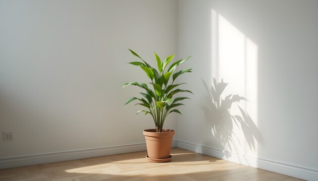 A lone potted plant in a corner of a room with no other objects