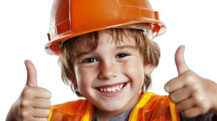 a young boy wearing an orange hard hat and vest gives a thumbs up sign PNG image, PNG file, Generative art.