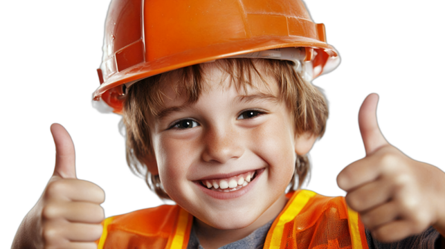 a young boy wearing an orange hard hat and vest gives a thumbs up sign PNG image, PNG file, Generative art.