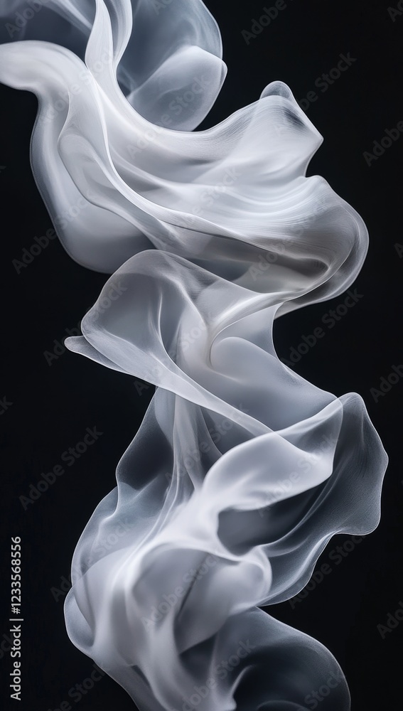 Wall mural Abstract swirling white fabric on black background.