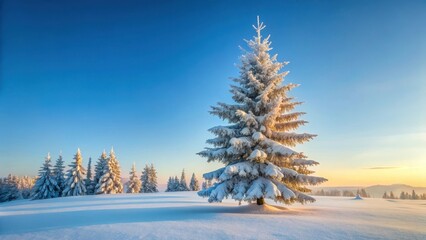 Fototapeta premium A serene snow-covered fir tree stands alone in a winter landscape, its branches etched against the pale blue sky, snow covered firs, frozen forest