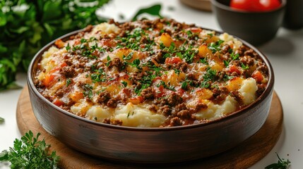 Savory meat and mashed potato casserole garnished with fresh herbs, kitchen setting