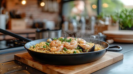 Delicious seafood paella cooking in a modern kitchen with herbs and utensils in the background