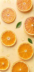 juicy citrus orange cut half slide pastel yellow background organic fresh nature health leaves