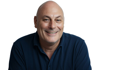 Obraz premium a bald man in a blue shirt smiles at the camera PNG image, PNG file, Generative art.
