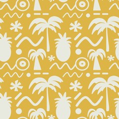 Seamless Pattern Bold Tropicana Summer Theme. Pineapple Palm Island Coconut Beach Illustration. Sunset Modern Tribal Repeat Pattern Background Muted White Yellow