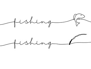 Fishing monoline text. One line continuous concept fishing banner. Line art fishing short phrases illustration.