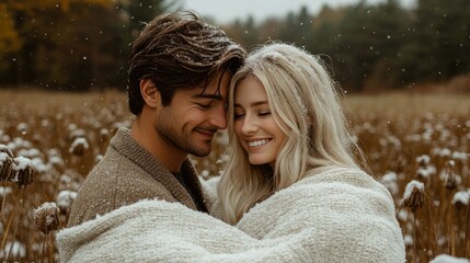 Couple Embraces in Snowy Winter Field