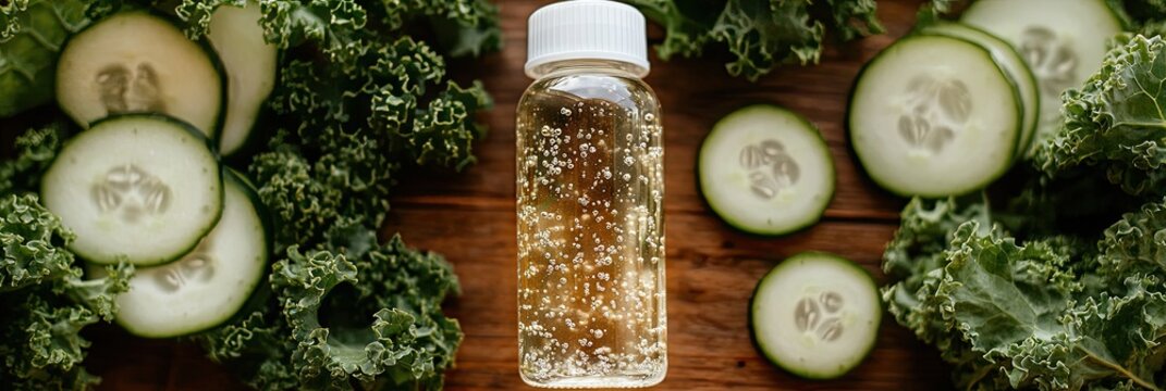 Baby food recipe cucumber & kale puree. Wooden background. Healthy eating