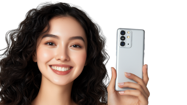 a young woman holding a white phone in her hands with a smile on her face PNG image, PNG file, Generative art.
