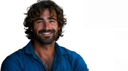 a young man with long hair and a beard in a blue shirt poses for a picture against a transparent background, PNG image, PNG file, Generative art.