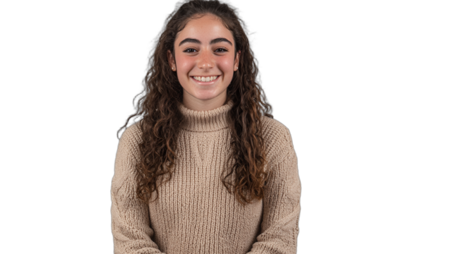 a young woman with long hair wearing a brown sweater poses for a portrait against a transparent background, PNG image, PNG file, Generative art.