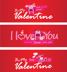Set of Valentine s Day sale banners with sweet gift boxes on red backgrounds.