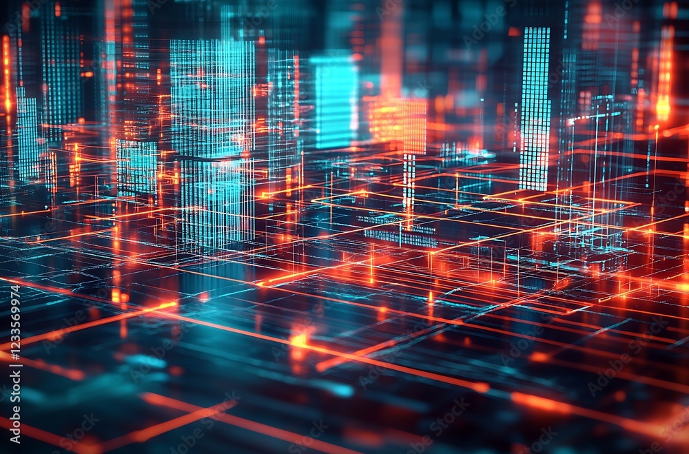 Aufkleber futuristic neon glow grid network depiction in abstract digital cityscape : generative ai