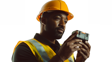 a black man wearing an orange helmet and yellow vest holding a phone in his hand PNG image, PNG file, Generative art.