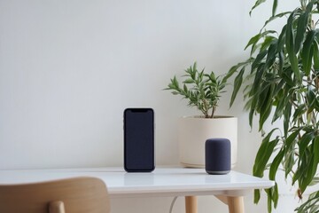 Smart speaker and phone on white desk near plant.