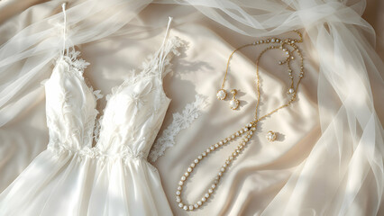 Wedding Details: Dress, Jewelry, and Veil on Soft Fabric
