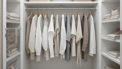 A clean open wardrobe with neatly hung neutral colored clothing