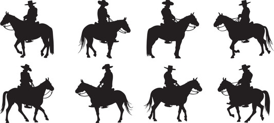 Cowboys on horses silhouettes on a white background Cowboy riding horse, Cowboy galloping with lasso, Vector illustrations isolated on white background