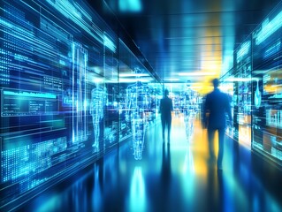 Futuristic Digital Blue Holographic Figures in Motion at a Modern High-Tech Facility : Generative AI