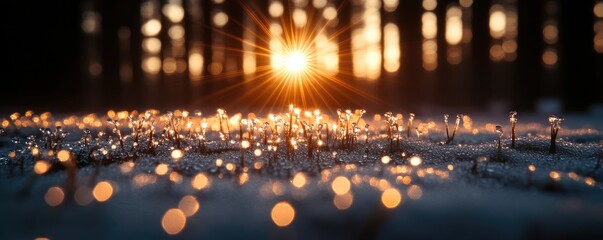 Obraz premium Sunrise in snowy forest; plants sparkle; background blurred