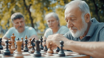 Senior men playing chess outdoors, friends watching, park setting, retirement leisure
