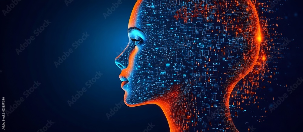 Aufkleber Futuristic Digital Technology Concept with Abstract AI Human Profile and Neural Network Visualization : Generative AI