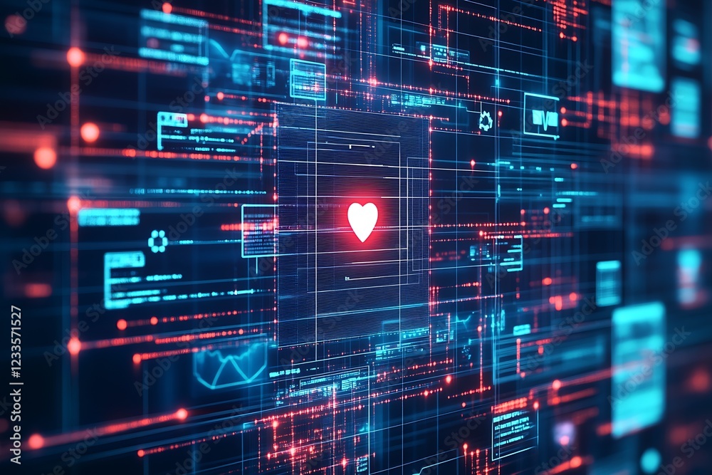 Aufkleber Glowing Heart in Digital Network Interface Conceptual Data : Generative AI
