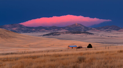 Obraz premium Pink sunset over plains, lone house, mountains