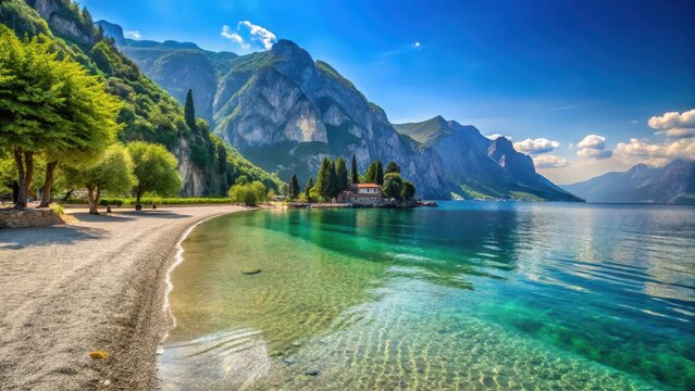Sandy beach at Torbole sul Garda with crystal clear water and lush greenery, lake garden, garda lake,  lake garden