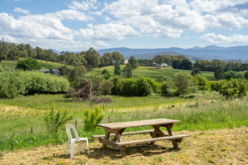 picnic table in a field on a farm in sping celebrating harvest